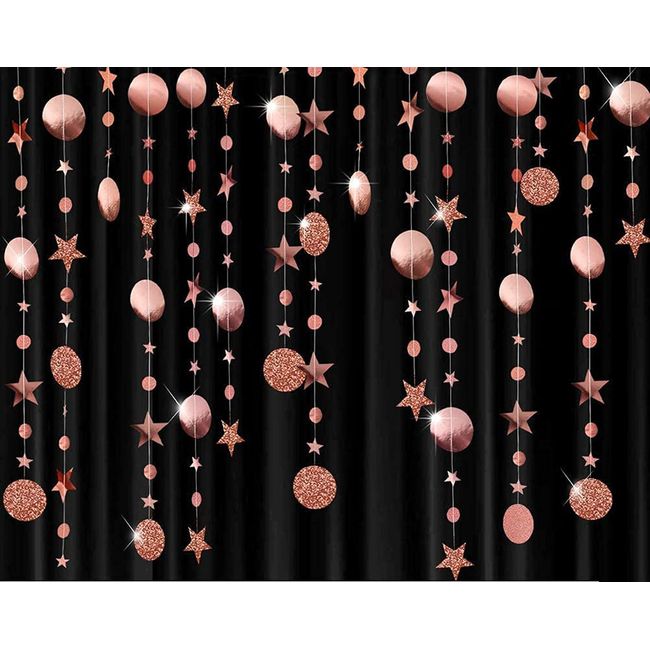 BetterJonny 4pcs Rose Gold Circle Dots Garland Streamer Kit Party Decor Glitter Paper Hanging Bunting Banner Backdrop Birthday Wedding Decoration