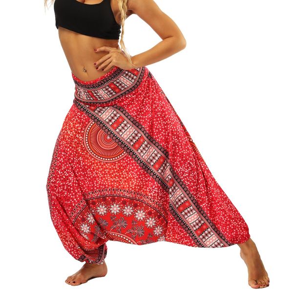 Nuofengkudu Women's Palazzo Trousers Harem Culottes Hippy Loose Fit Boho Vintage Floral Print Patterned Elasticated High Waist Comfortable Yoga Pants Summer Beach Red