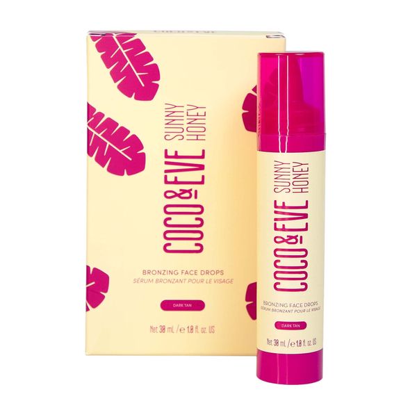Coco & Eve Sunny Honey Bronzing Face Drops (Dark), Natural, Hydrating Hyaluronic Acid. Indoor Sunless Moisturizing Self Tanner. (1 fl oz)