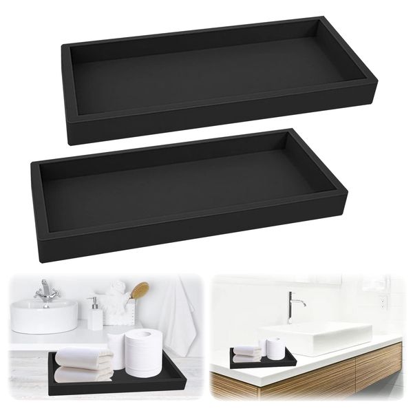 2pcs Bathroom Tray 7.87x3.93x0.7in, Toilet Tank Storage Tray Silicone Vanity Tray, Kitchen Sink Tray Bathroom Countertop Organiser Vanity Tray For Counter Decor Dresser Tops (Black)