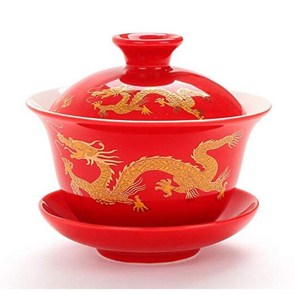 YBK Tech Porcelain Kung Fu Tea Cup and Saucer with Lid, Chinese Traditional Gaiwan Sancai Tea Bowl Tea Set Dragon Pattern (Red)