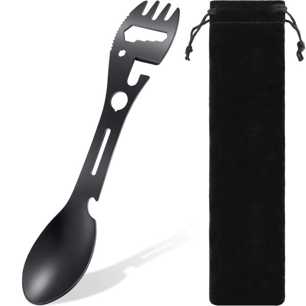 Utility Camping Spork Functional Spork Stainless Steel Spork Outdoor Spoon Fork Bottle Can Opener 10 Functions 1 Design for Travel Eating Tool Easy to Store Cloth Case (Black)