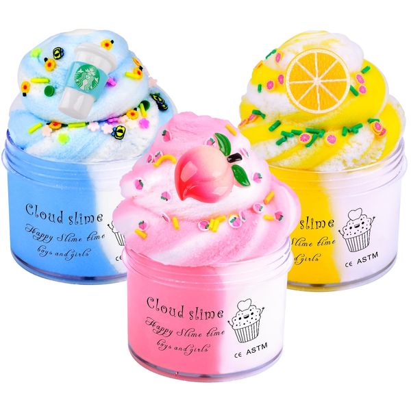 3 Pack Cloud Slime Kit, with Pink Peachs, Yellow Lemon and Blue Latte Cute Charms Cloud Slime, Educational Fidget Slime Toys for Kids, Birthday Gifts Party Favors for Girls Boys