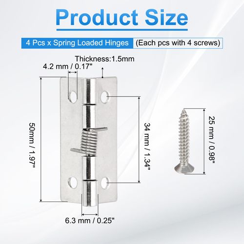 PATIKIL 4 Pcs Spring Loaded Hinges, 2" Self Closing Door Hinges 304 Stainless Steel Small Door Hinges with Screws for Cabinet Door