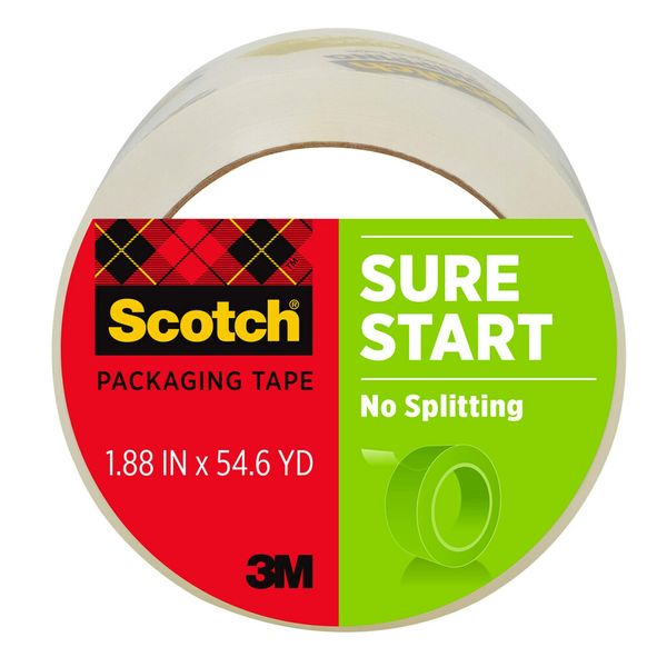 Scotch Sure Start Shipping Packaging Tape, 1.88" x 54.6 yd, Designed for Packing, Shipping and Mailing, Quiet Unwind, No Splitting or Tearing, 3" Core, Clear, 1 Roll (345)