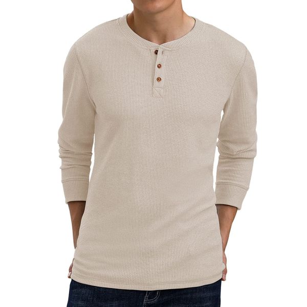 BINGHUODAO Men's Waffle Long Sleeve Shirts Henley Scoop Neck Fall T-Shirt(Khaki,Large)