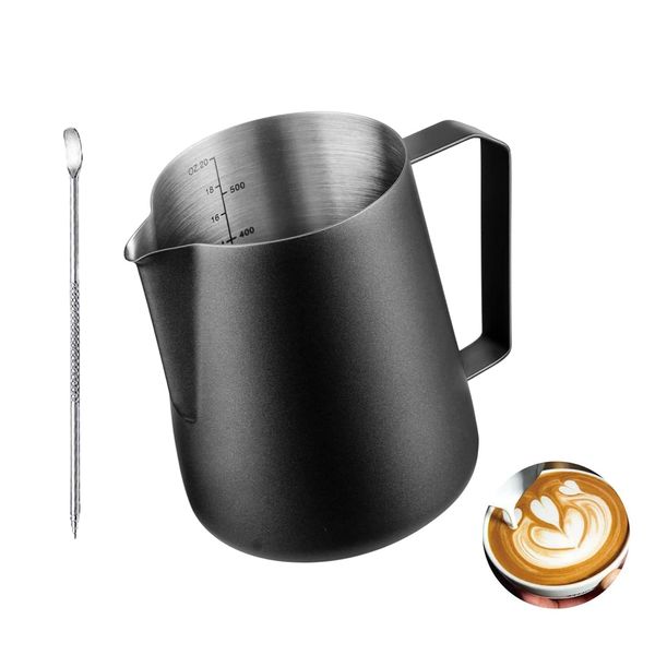 Milk Frothing Pitcher 20oz/600ml, Stainless Steel Espresso Steaming Pitcher Milk Jug, Perfect for Milk, Cream, Water, Juices, Smoothies (Black 600ML)