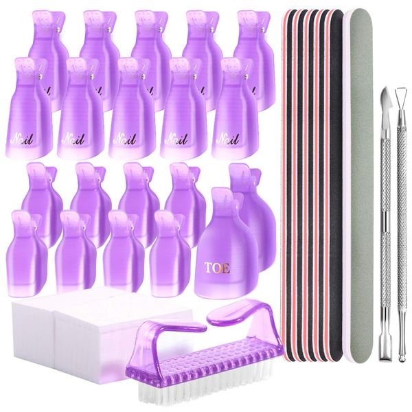 Teenitor Gel Nail Polish Remover Tools Kit, Nail Clips For Polish Removal, Nail Remover Pads Cuticle Peeler Nail File Buffer Nail Brushes, Nail Soak Off Clips For Hands and Toes Purple