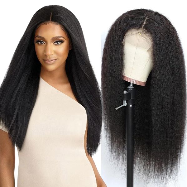 Aminow Kinky Straight Synthetic Lace Front Wig, Soft & Natural as Human Hair, Pre Plucked T Part Wig, Italian Yaki Lace Front Wigs for Black Women 22 Inch