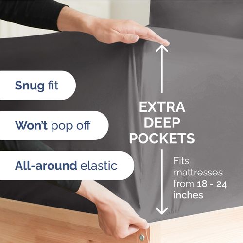 Extra Deep Queen Fitted Sheet - Hotel Luxury Single Fitted Sheet Only - Easily Fits 18 inch to 24 inch Mattress - Ultra Soft, Wrinkle & Fade Free w/Extra Deep Pockets - Breathable & Comfy - Dark Grey