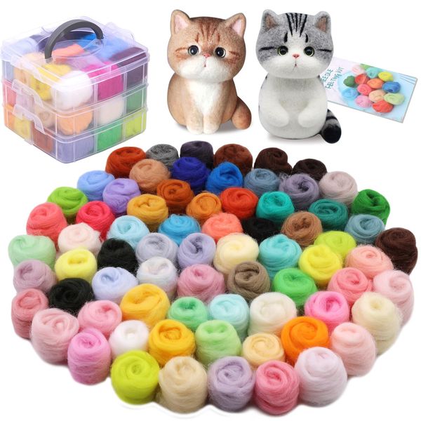 Dennty Needle Felt Kit 72 Colors Wool Roving Yarn Natural Fiber Wool Needle Felt Starter Kit Wet Felt DIY Projects with 3 Layer Transparent Storage Box (Set of 72 Colors)