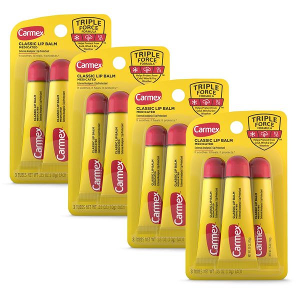 Carmex Classic Medicated Lip Balm Tubes, Lip Moisturizer for Chapped Lips, 12 Count (4 Packs of 3)