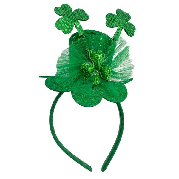 Needzo Little Top Hat St. Patrick's Day Sequin Headband, Green Hair Accessory With Clovers and Tulle for Holidays and Themed Parties, One Size Fits Most (Top Hat with Clovers and Tulle)