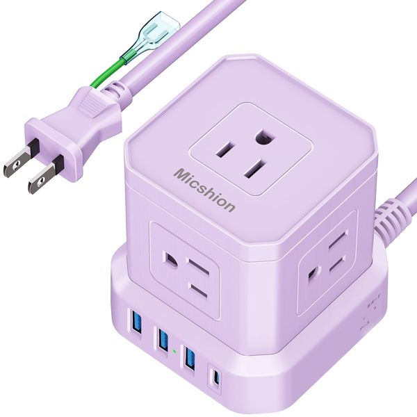 Micshion Cube Power Strip (2400W) Extension Cord with 2m Outlet USB Lightning Guard 5 AC Outlets 3 USB Ports 1 Type-C Octopus Wiring Table Tap OA Multi-Tap Safety Protection for Home Office Purple