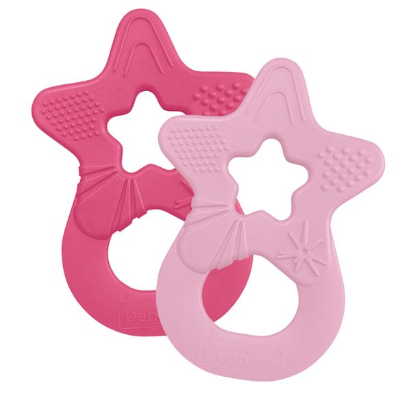 Dentistar Star Teether Pack of 2, Teething Baby Toy for Infants Aged 3+ Months, Soft Silicone Baby Teething Ring for Tooth and Gum Pain Relief, Made in Germany - Pink & Rose