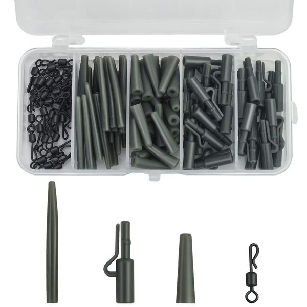 KLYNGTSK 120 PCS Carf Fishing Accessories Set Plastic Carp Lead Clip Set Anti Tangle Sleeves Quick Change Swivels with Storage Box Carp Fishing Tackle Kit for Fishing Carp Coarse Fishing