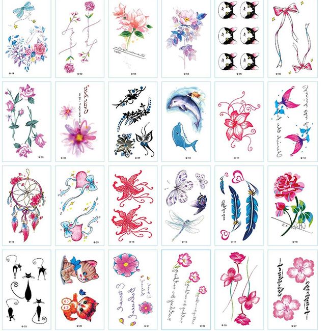 Yesallwas 30 Pcs Set Flower Feather Cat Butterfly Cute Tattoo Realistic Waterproof Long Lasting Tattoo Sticker Body Stickers Men Women Tattoo Stickers Cute tattoos(Q)