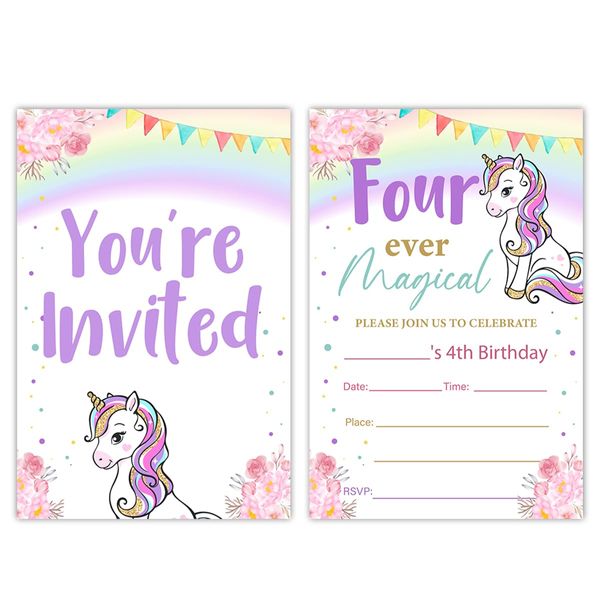 Qlnuk Unicorn 4th Birthday Invitations Four Ever Magical Unicorn Girl Forth Birthday Invites With Envelopes Set of 20