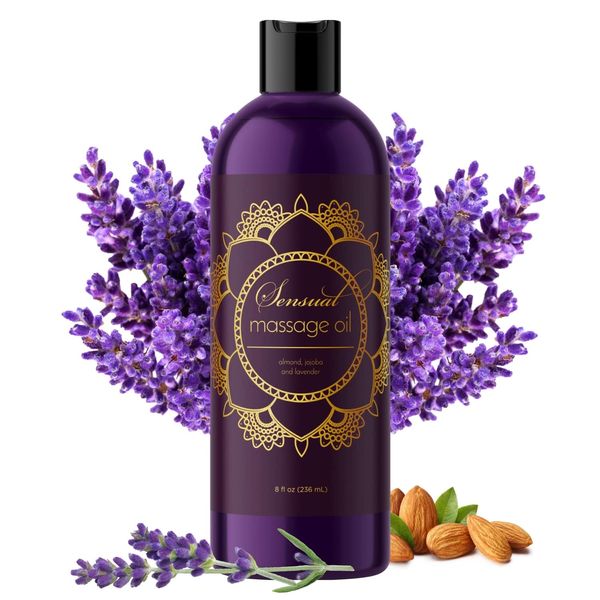 Aromatherapy Sensual Massage Oil for Couples - Relaxing Full Body Massage Oil for Date Night with Sweet Almond Oil - Vegan Lavender Massage Oil for Massage Therapy Smooth Gliding Formula (8 Fl Oz)