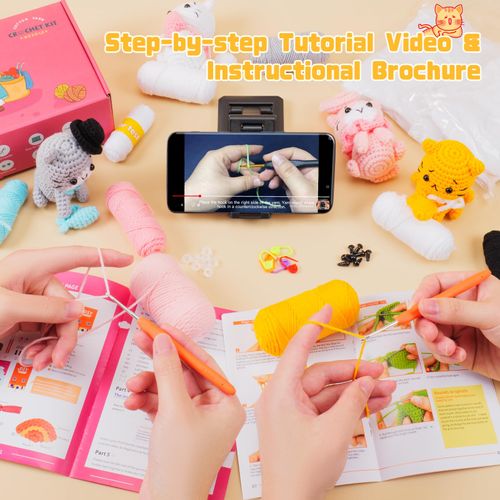 Crochet Kit for Beginners - Cat Crochet Kit with Step-by-Step Video Tutorials, Learn to Crochet Kits for Adults and Kids, 4 PCS Cat with Hat, Toy, Fish Crocheting Set