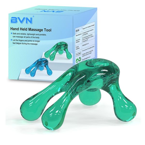 Hand Held Massage Tool, BVN Four Point Full Body Massager, Self Massage Tool, Easy Palm Fit with Massage Knobs for Gentle Pressure Point Massage,Translucent Green