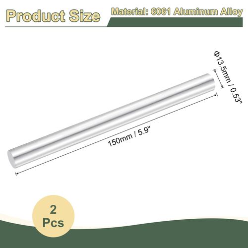 uxcell 2Pcs 0.53"(13.5mm) Dia Round Aluminum Rods, 5.9"(150mm) Long 6061 Aluminum Round Rod Solid Lathe Bar Stock for Industry Construction DIY Crafts, Silver