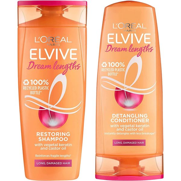 L'Oreal Paris Elvive Dream Lengths Shampoo and Conditioner Set for Long Hair, Nourishing & Strengthening Treatment to Prevent Hair Breakage, Enriched with Castor Oil