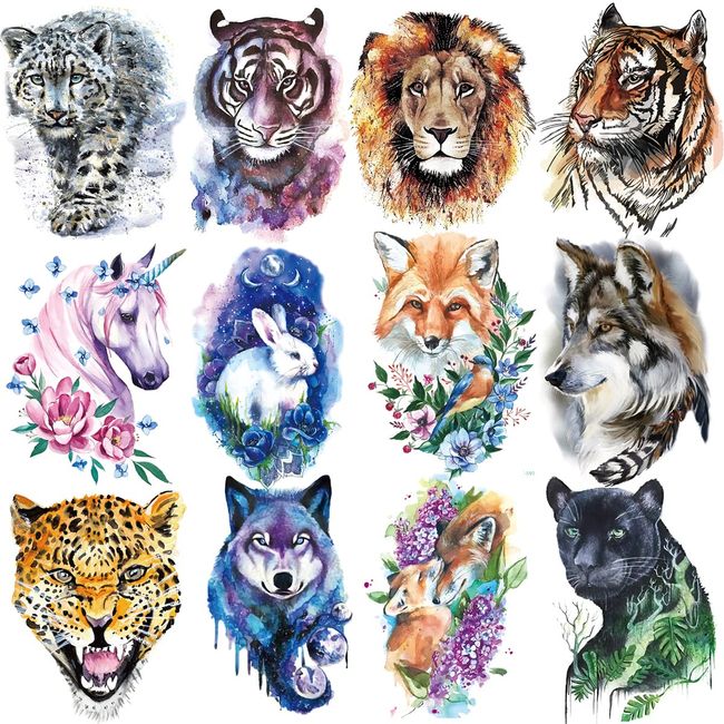 Oottati 12 Blätter Wasserfest Temporäre Tattoos Fake Tätowierung Arm 21x15cm Blume Aquarell Handfarbe Tinte Schwarz Leopard Tiger Löwe Einhorn Blaues Kaninchen Fuchs Wolf Für Männer und Frauen