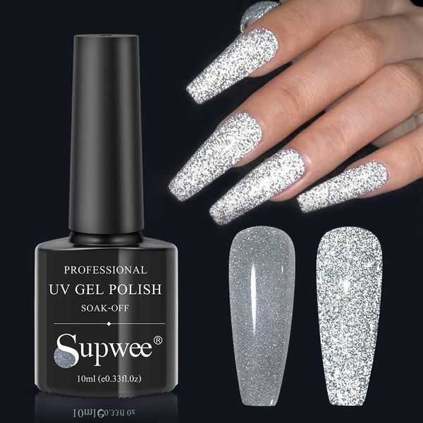 SUPWEE 10ml Reflective Glitter Gel Nail Polish Sparkling Diamond Nail Polish Gel Silver Nail Polish Soak Off UV Gel