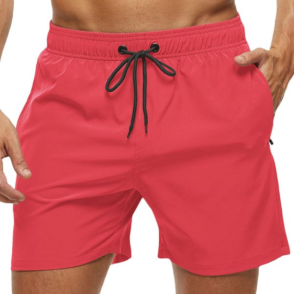 Huayuzh Mens Swimming Shorts Trunks Men Quick Dry Breathable Beach Surfing Swim Shorts with Zipper Pockets Mesh Lining Pink L, 36