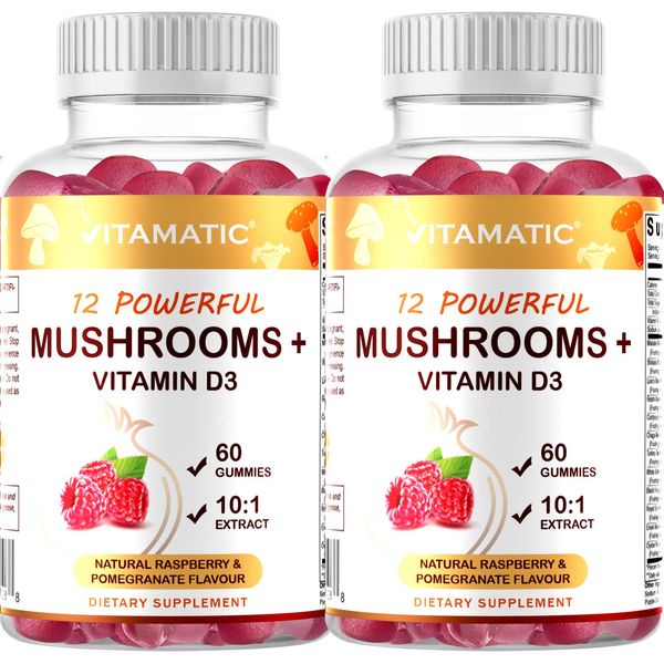 Vitamatic Mushroom Complex with D3, 60 Pectin Based Gummies, (Pack of 2)