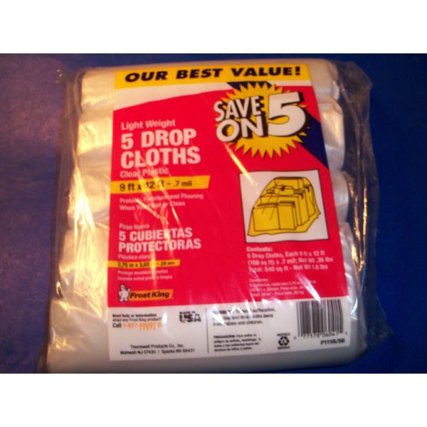 NEW Frost King 5-Pack Light Weight Clear Plastic 12-ft x 9-ft Drop Cloths  TH