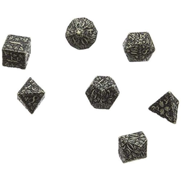 Q WORKSHOP Forest Engraved beige & black RPG ornamented Dice Set 7 polyhedral pieces