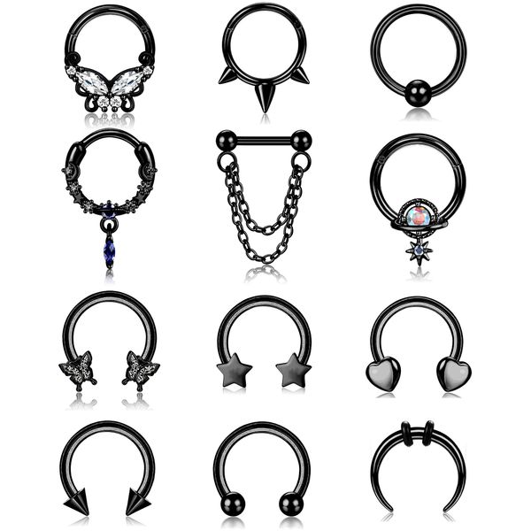 FIBO STEEL 16G Septum Ring for Women Dangle Septum Jewelry Hinged Nose Rings Surgical Steel Star Heart Horseshoe Daith Tragus Helix Cartilage Hoop Earrings Septum Piercing Jewerly Black