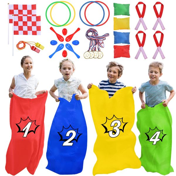 GOLDGE Family Fun Outdoor Games: Potato Sack Race, Egg Spoon Relay, 3-Legged Race Bands, Perfect for Birthdays, Field Days, Family Reunions, Carnivals, Easter & More! Kids Will Love These!