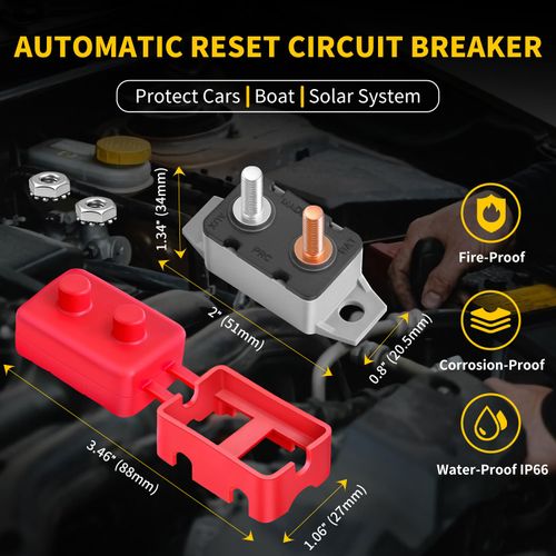 Bolipoeq 50Amp Automatic Reset Circuit Breaker 12V-24V DC for Automotive Marine Boat Car RV Trailer Solar System with Cover Stud Bolt, IP66 Waterproof (Pack of 6)