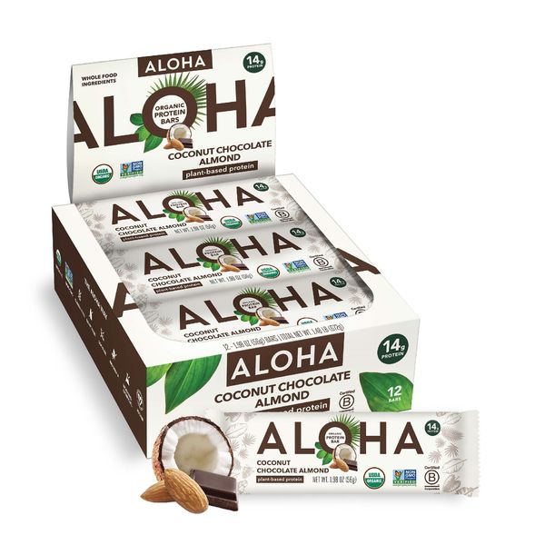 ALOHA Plant Based Protein Bars Coconut Chocolate Almond 14g Protein (Pack of 12)