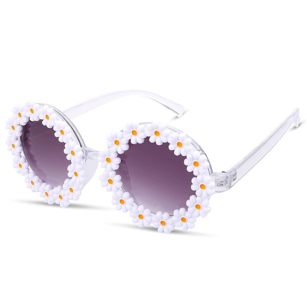 Yolev 1Pairs Retro Daisy Sunglasses Cute Flower Round Sunglasses Plastic Frame UV Protection for Women Summer Beach Accessories