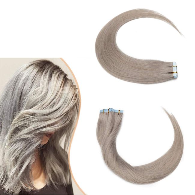 Elailite Tape Extensions Haarverlängerung - 20Stück Tape in Extensions Echthaar - Remy Real Human Hair - Invisible Echthaar Extensions Tape 50cm 30g #GREY Grau