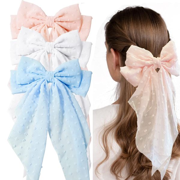 3 Pieces Larg Hair Bows Hair Clips for Women Big Bow Hair Barrettes Plain Color Bowknot with Long Tail French Barrettes for Girls (Bright color)