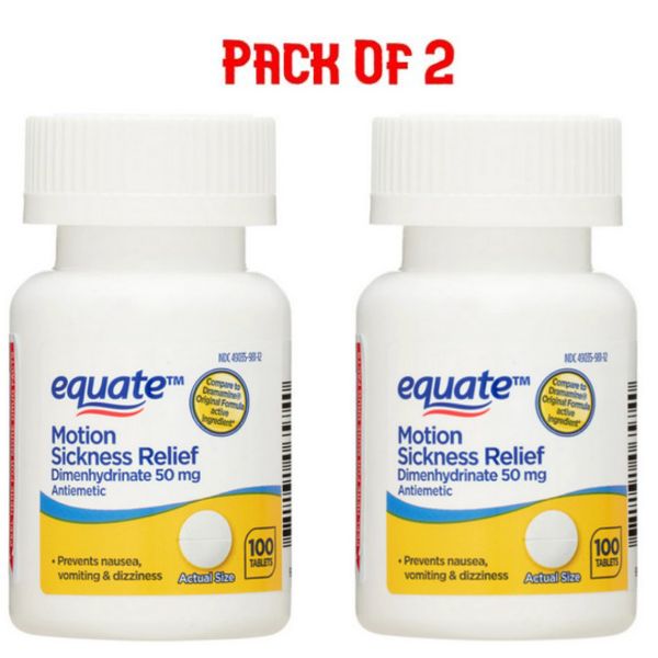 (2 PACK) Equate Fast-Acting Motion Sickness Relief DimenhydrinateTablet 100 Ct.