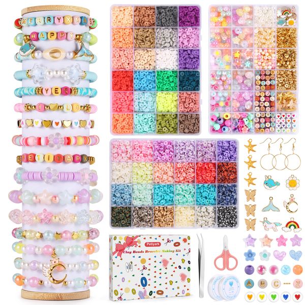 10525Pcs Clay Beads Bracelet Making Kit, 1 Box 925Pcs Coloured Charms Kit with Letter Beads, 2 Boxes 48 Colors Flat Round Polymer Clay Beads for Jewelry Making, Girls Friendship DIY Crafts Gift