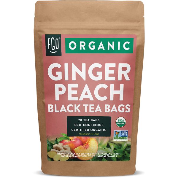 FGO Organic Ginger Peach Black Tea, Eco-Conscious Tea Bags, 20 Count, Packaging May Vary (Pack of 1)