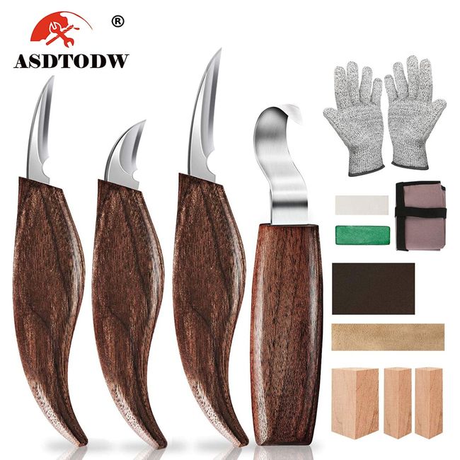 7pcs Spoon Carving Sets Hand Wood Carving Knife Tools Hook Spoon Knife Whittling  Knives with Bag Gloves