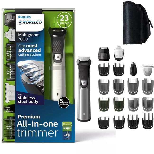 PHILIPS Norelco Multigroomer All-in-One Trimmer Series, 23 Pieces Mens Grooming Kit for Trim and Style Your Face, Head and Body, Max Precision with 2X More Blades - Broage Storage Bag