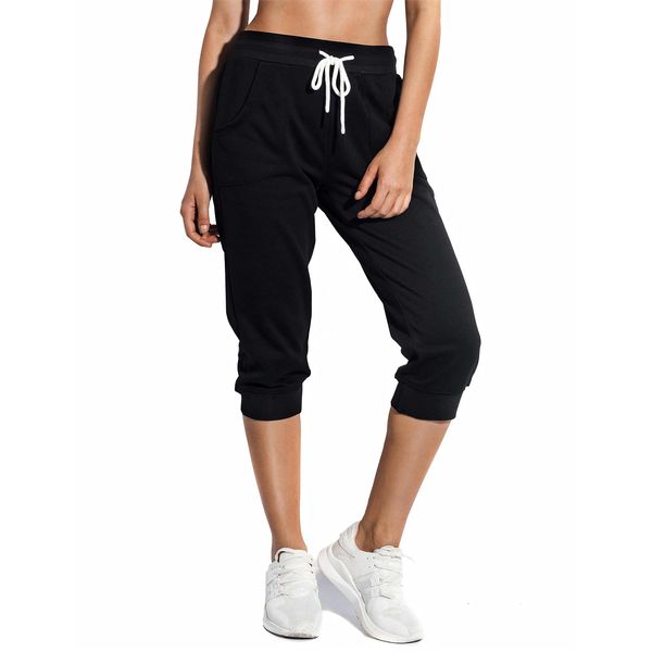 SPECIALMAGIC Women's Sweatpants Cropped Jogger French Terry Running Pants Lounge Loose Fit Drawstring Waist with Side Pockets Black Small