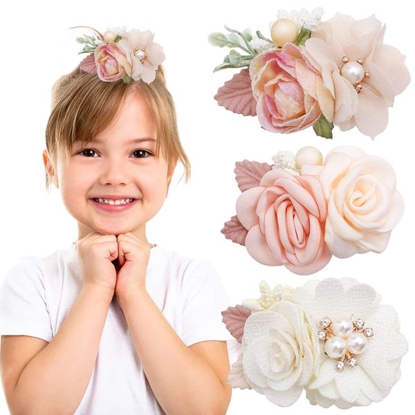 EUDUQ 3 Stück Blumen Haarklammern,Baby Haarspangen klein Haarspange Mädchen Perlen Haarclips Kinder Boho Haarschmuck Flower Claw Clip für Geburtstag Kindertagsgeschenk