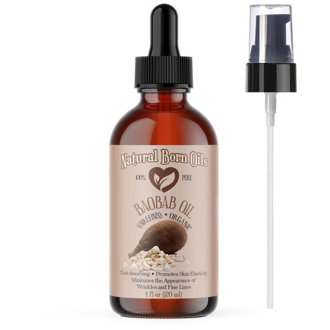 Natural Born Oils 4oz Baobab Oil, 100% Pure and Natural, Organic, Cold-pressed, Unrefined, Non-comedogenic, Moisturizing, Includes Pump & Dropper