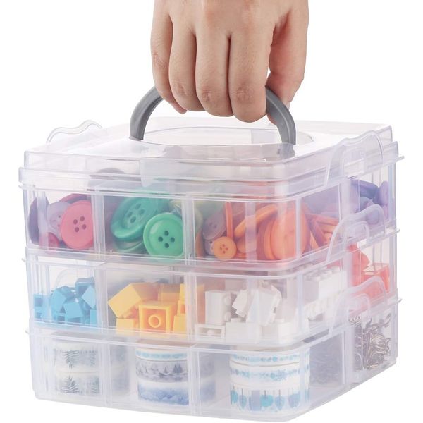 ilauke 3 Tier Clear Transparent Plastic Stackable Storage Box with 18 Compartments Craft Storage Box with Carry Handle Container for Storing & Organising Toys, Jewellery, Beads, Arts & Crafts, Tools