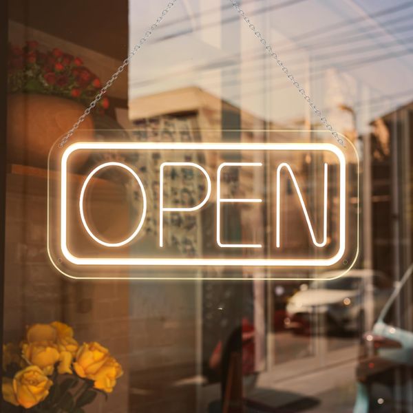 Neon Open Sign for Business, Personalized LED Open Light Up Sign Powered by USB for Bar, Stores, Salon, Coffee Shop Window, Hotel etc Small Business Welcome Neon Sign, Warm White, 15.7x7.5in